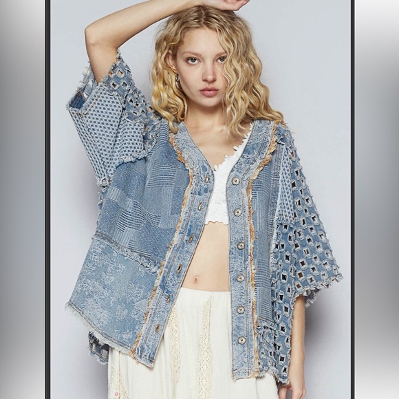 Patchwork Denim Button-Up Top - Picture 1 of 5